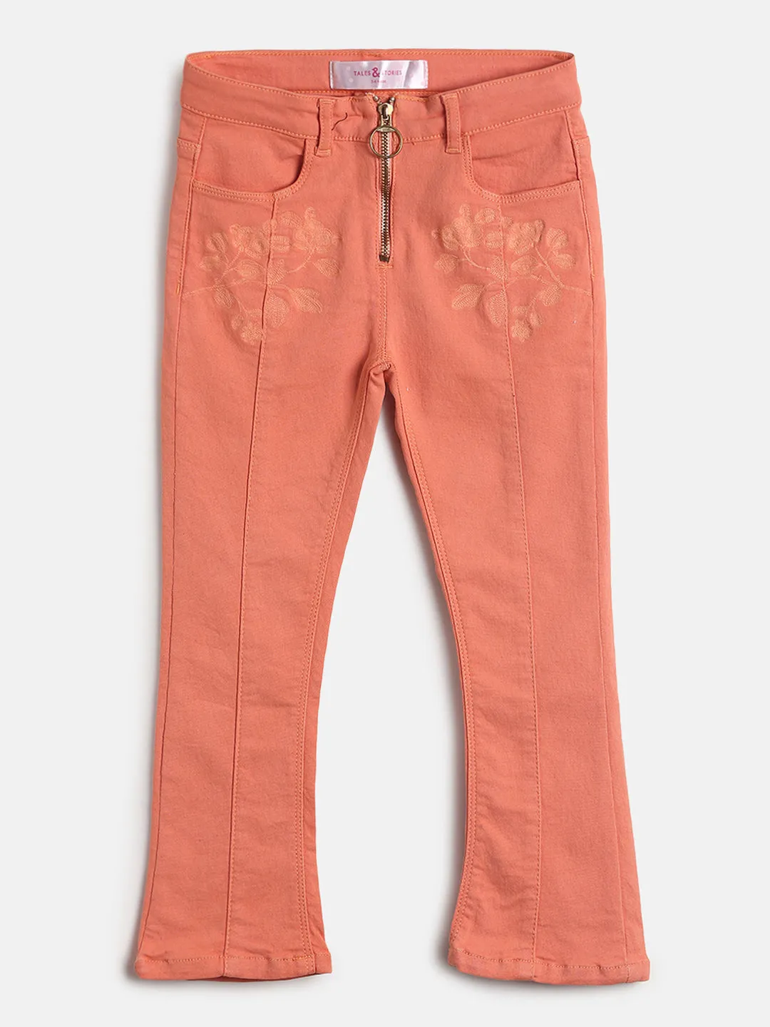 Girls Orange Embroidered Cotton Trouser