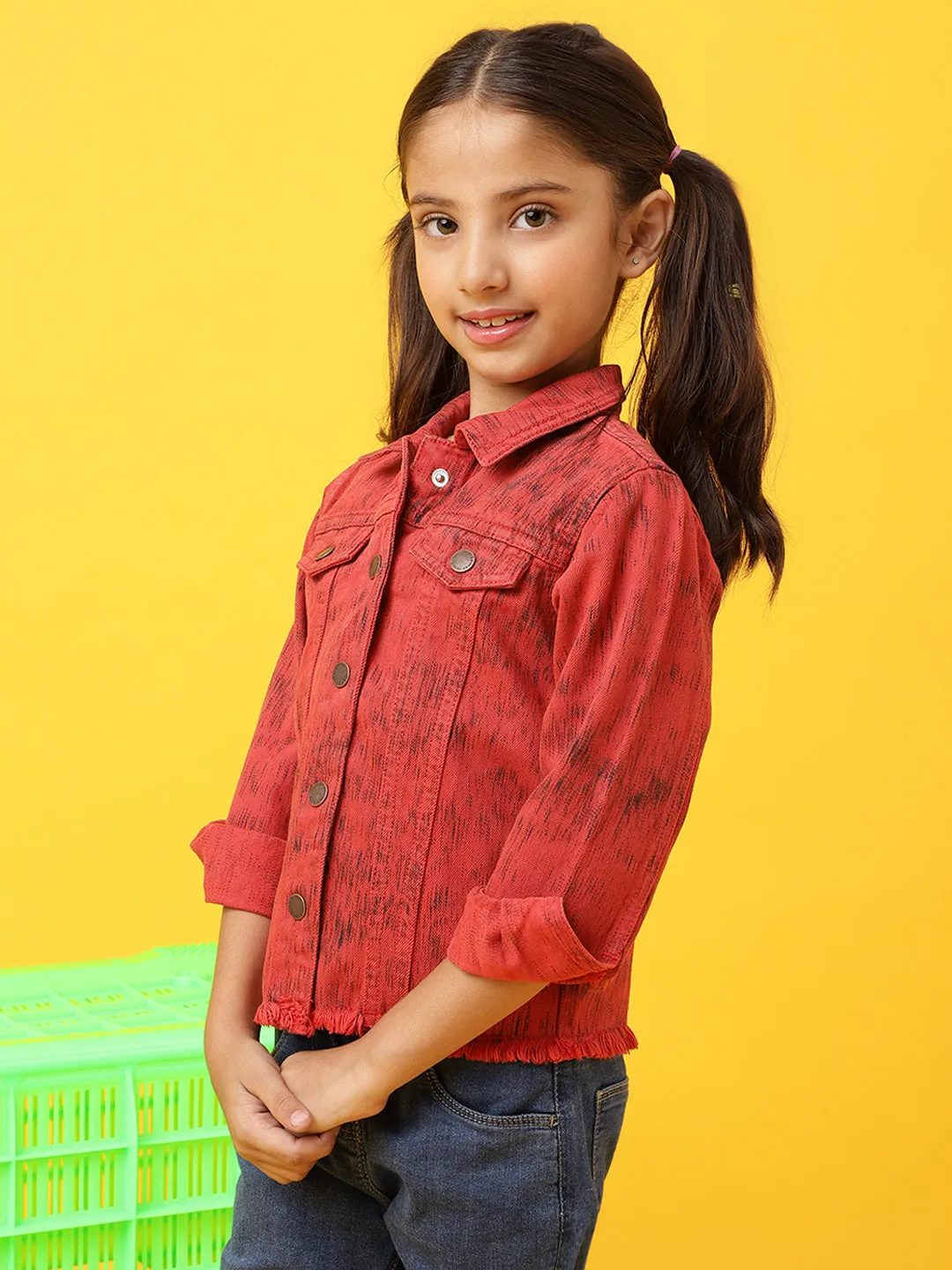 Girls Red Regular Fit Printed Denim Jacket