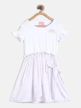 Girls White Cotton Dress With Rainbow Patch