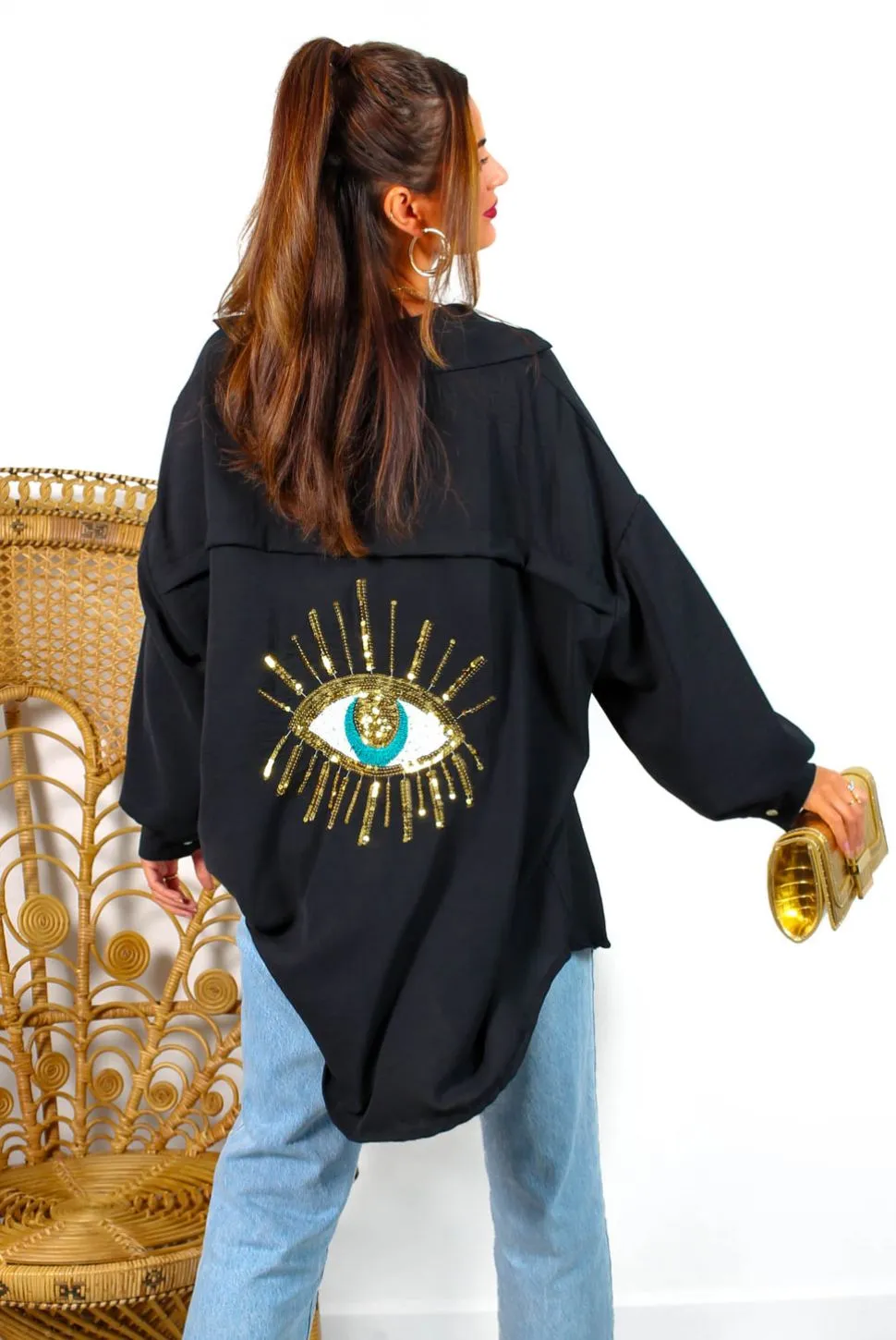 Got My Eye On You - Black Gold Sequin Eye Oversized Shirt