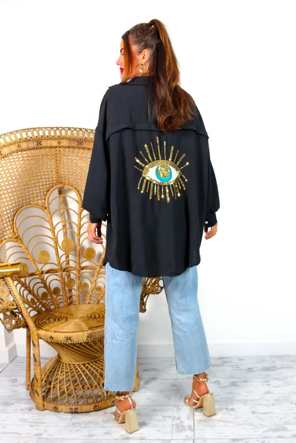 Got My Eye On You - Black Gold Sequin Eye Oversized Shirt