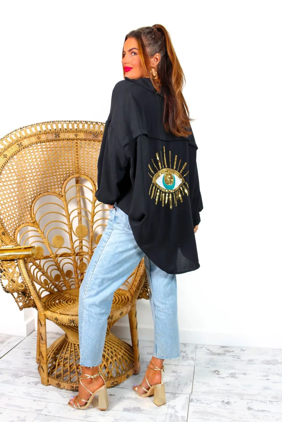 Got My Eye On You - Black Gold Sequin Eye Oversized Shirt