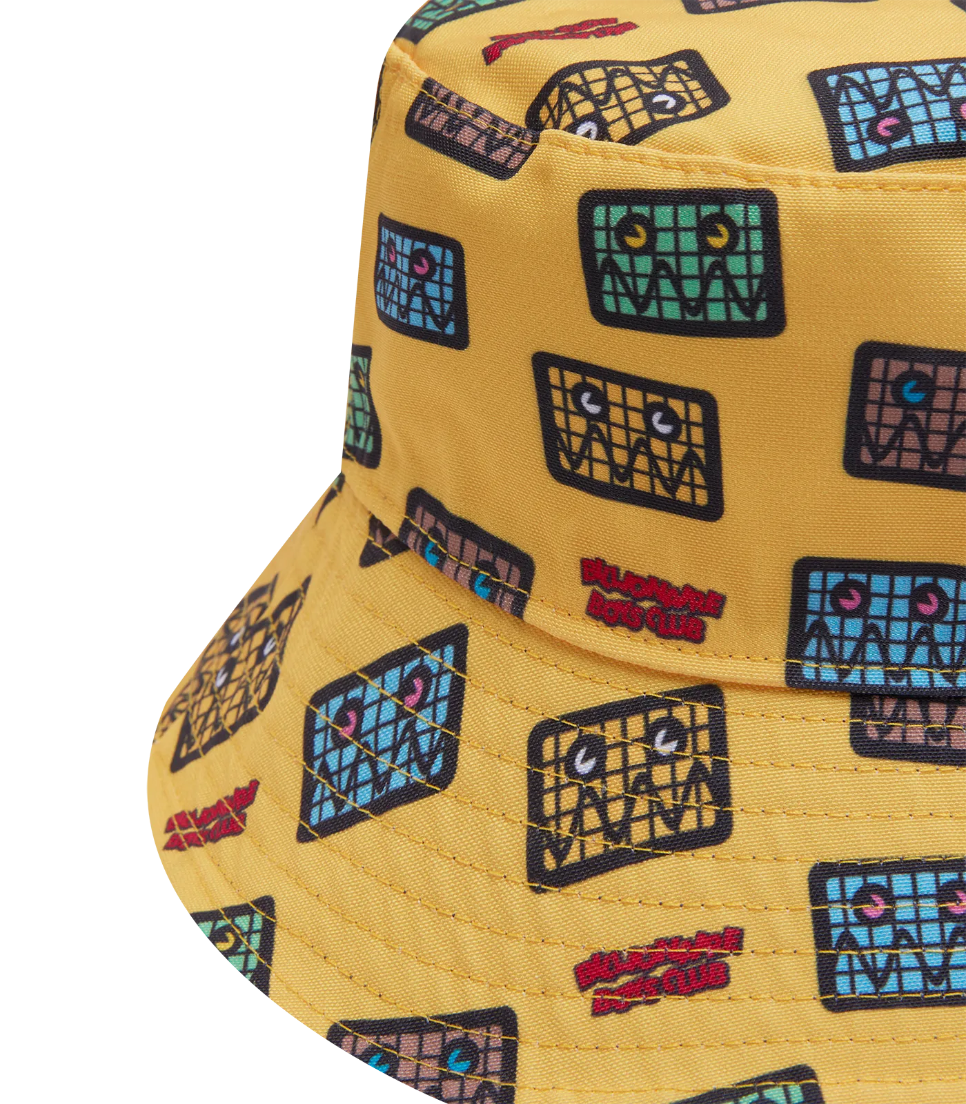 KIDS JUMBLE ROBOT A/O PRINT REVERSIBLE BUCKET HAT - NAVY/YELLOW