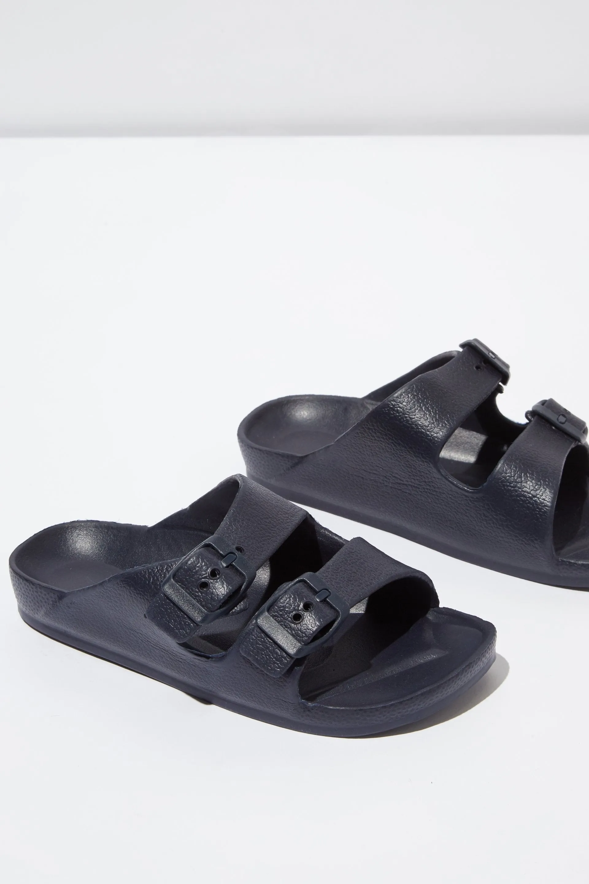 Kids Twin Strap Slide - Black Smooth