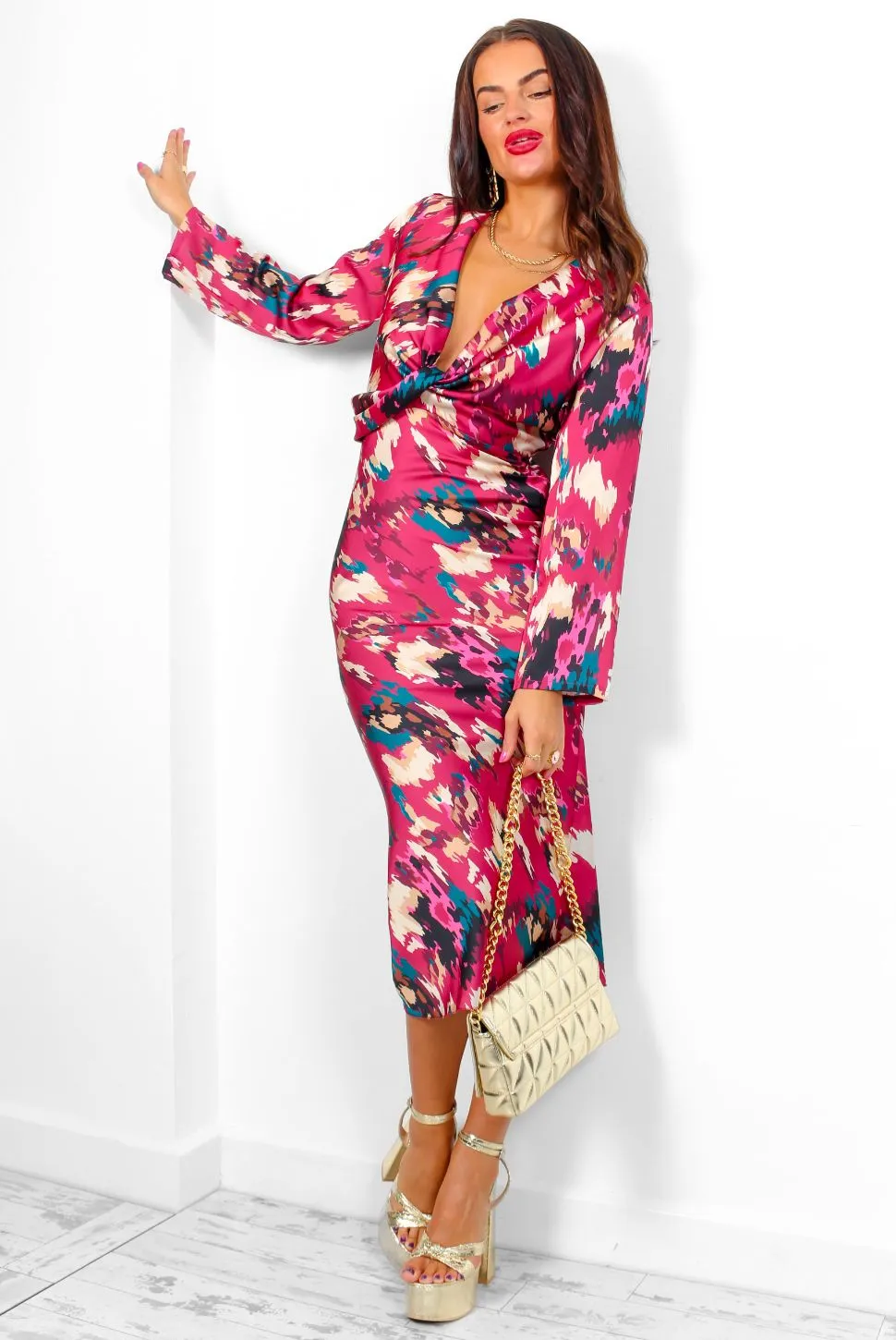 Knot In The Mood - Wine Multi Floral Knot Front Satin Maxi Dress