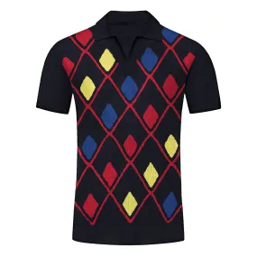 Men's black jacquard V-neck knit polo shirt