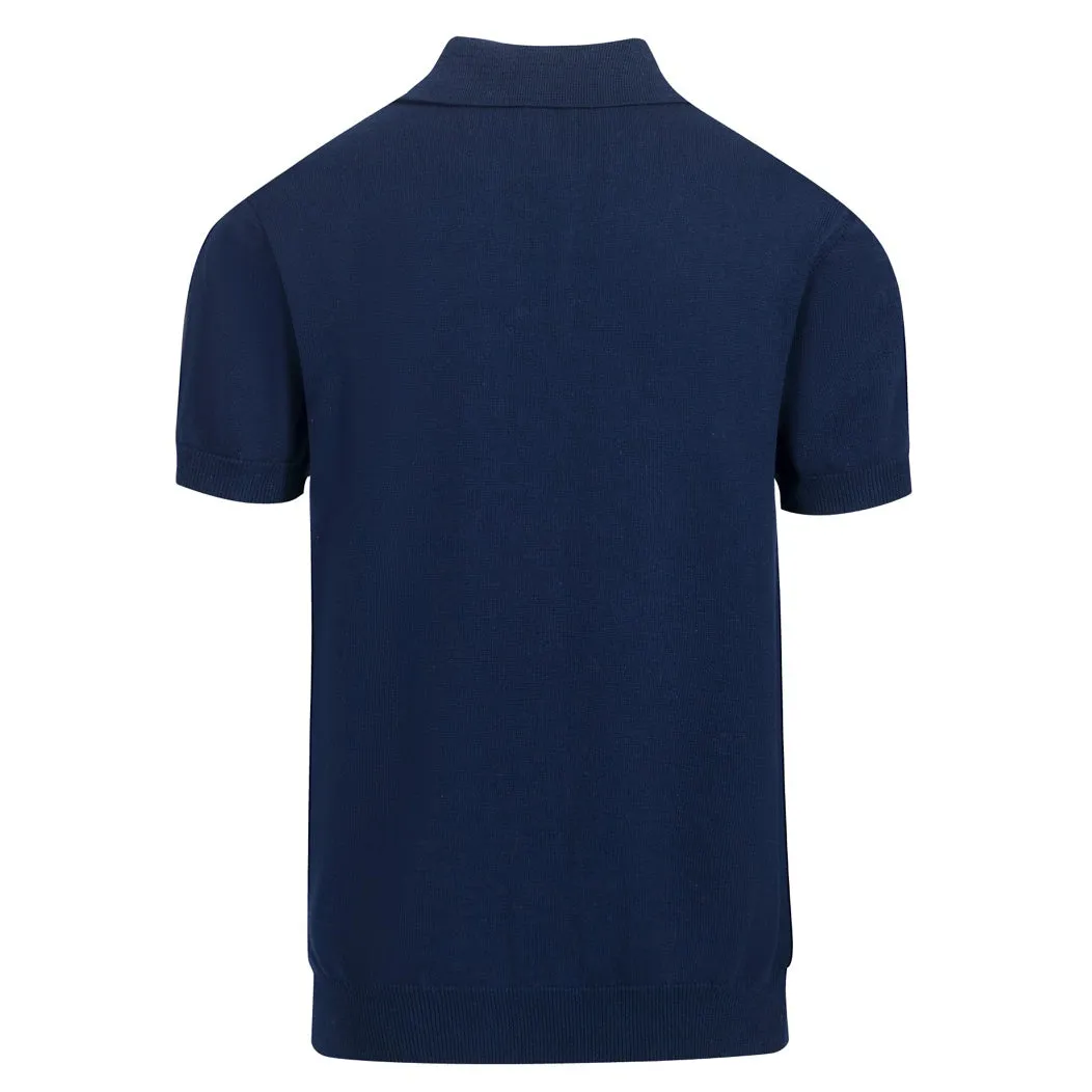 Men's dark blue embroidered pocket knit polo shirt