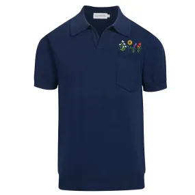 Men's dark blue embroidered pocket knit polo shirt