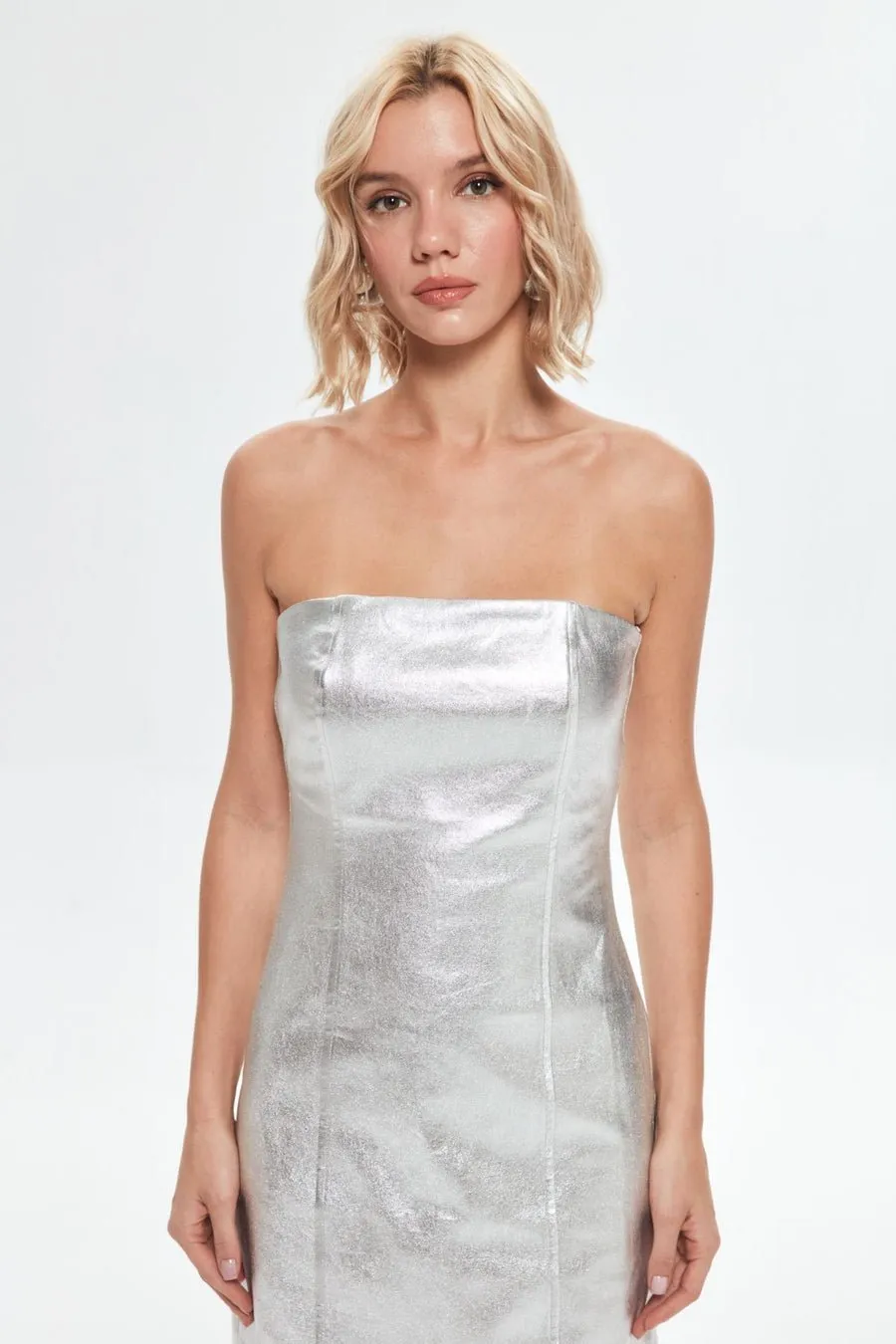 Metallic Strapless Midi Bodycon Denim Dress - Silver