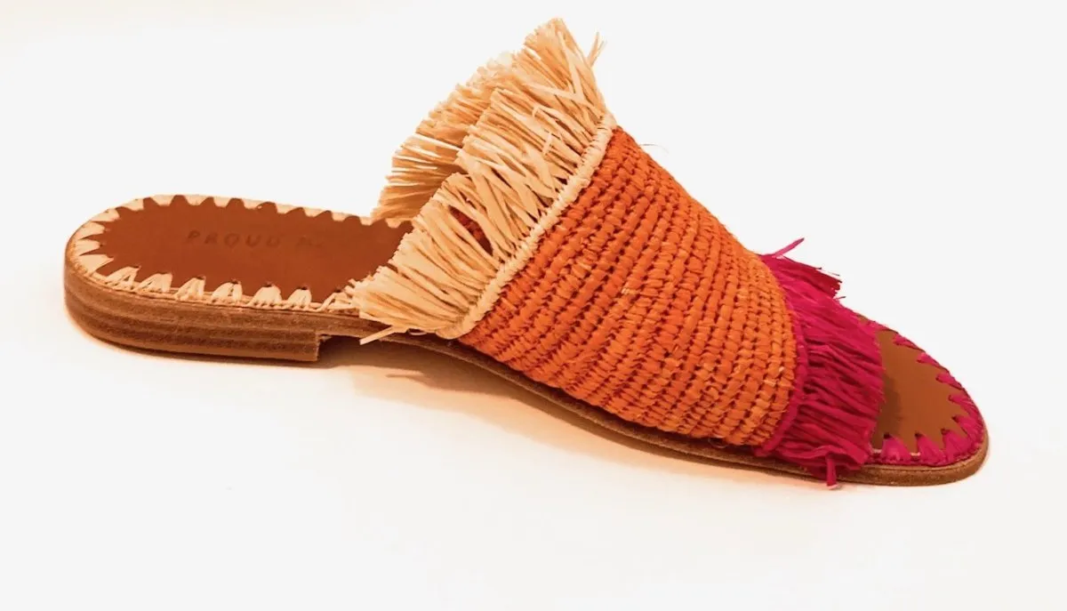 Raffia Fringe Slide (Orange/Pink/Natural)