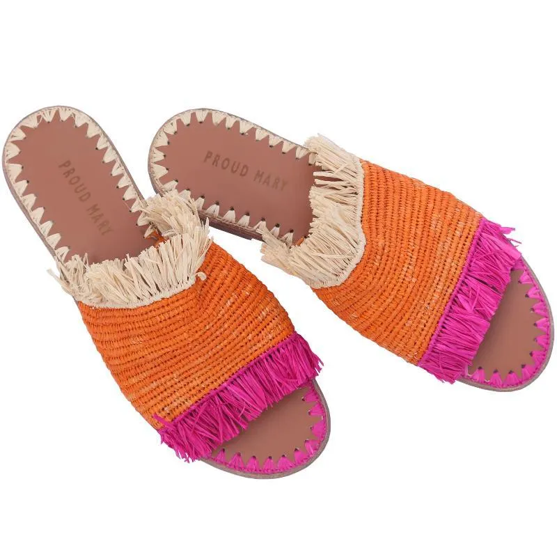 Raffia Fringe Slide (Orange/Pink/Natural)