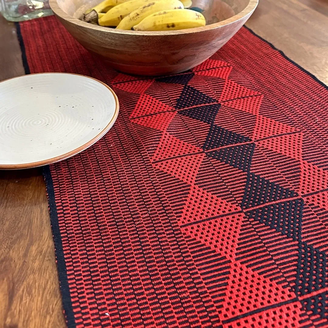 Table Runner In Red & Black With Arrowhead Pattern | Eco Friendly Sustainable Embroidered Tableware | Handmade In India