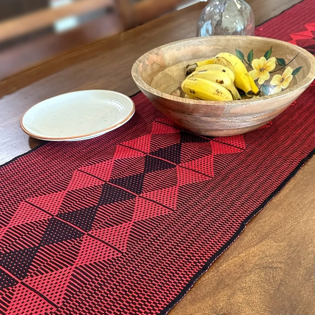 Table Runner In Red & Black With Arrowhead Pattern | Eco Friendly Sustainable Embroidered Tableware | Handmade In India