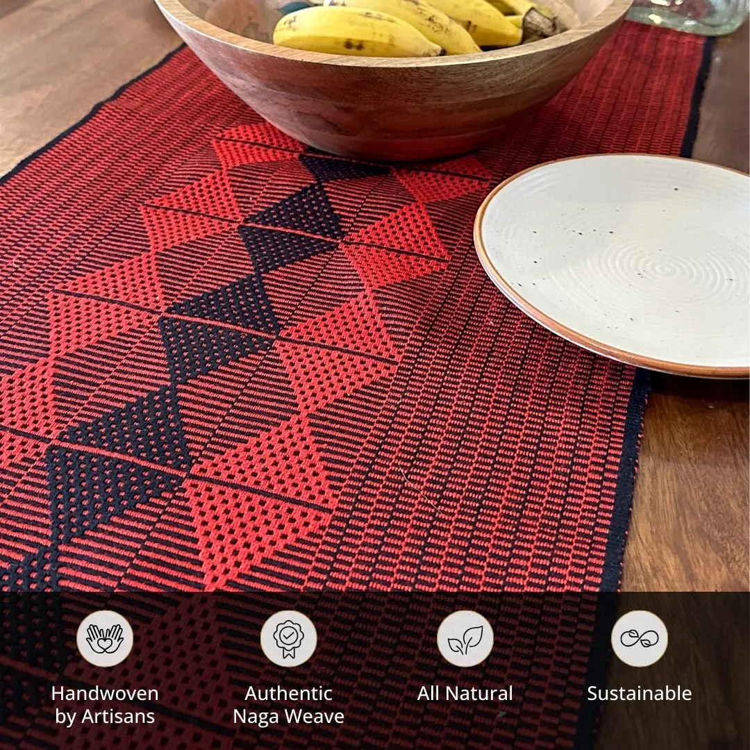 Table Runner In Red & Black With Arrowhead Pattern | Eco Friendly Sustainable Embroidered Tableware | Handmade In India