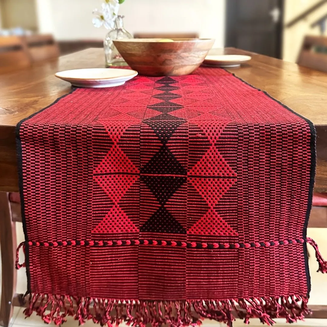 Table Runner In Red & Black With Arrowhead Pattern | Eco Friendly Sustainable Embroidered Tableware | Handmade In India