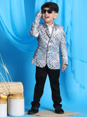 VASTRAMAY Boy' Grey Multi-Color Printed  Silk Blend Blazer