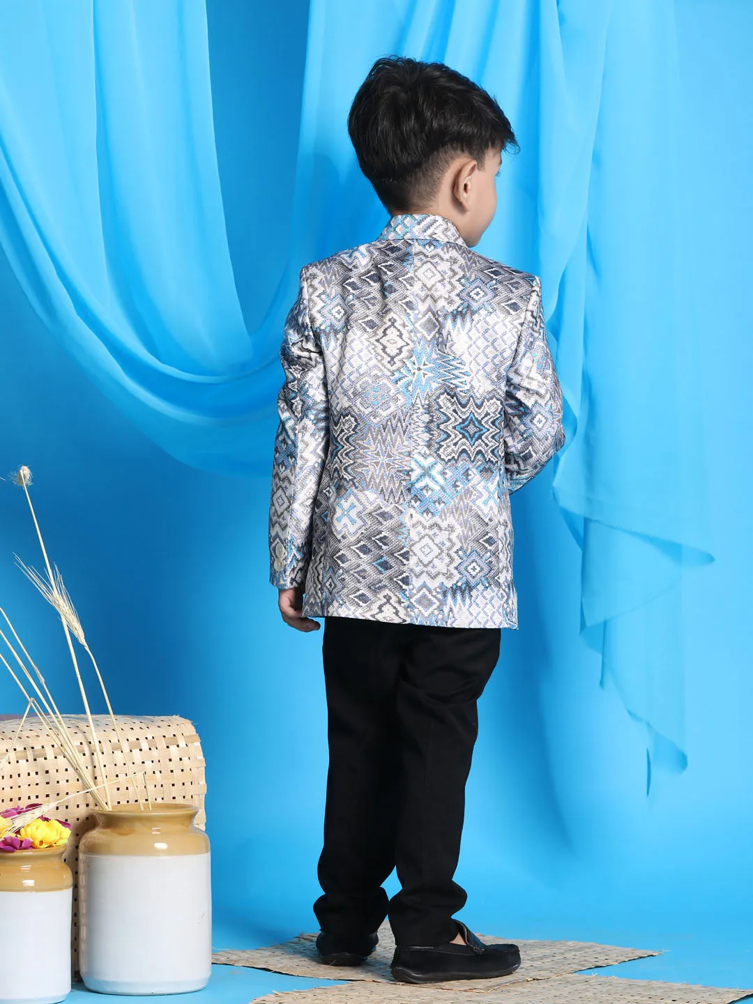 VASTRAMAY Boy' Grey Multi-Color Printed  Silk Blend Blazer