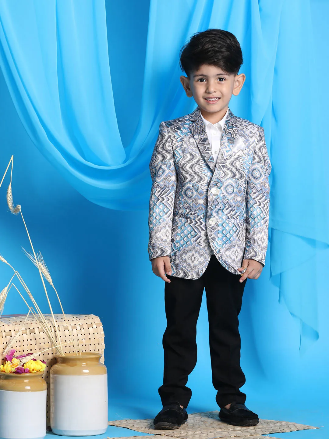 VASTRAMAY Boy' Grey Multi-Color Printed  Silk Blend Blazer