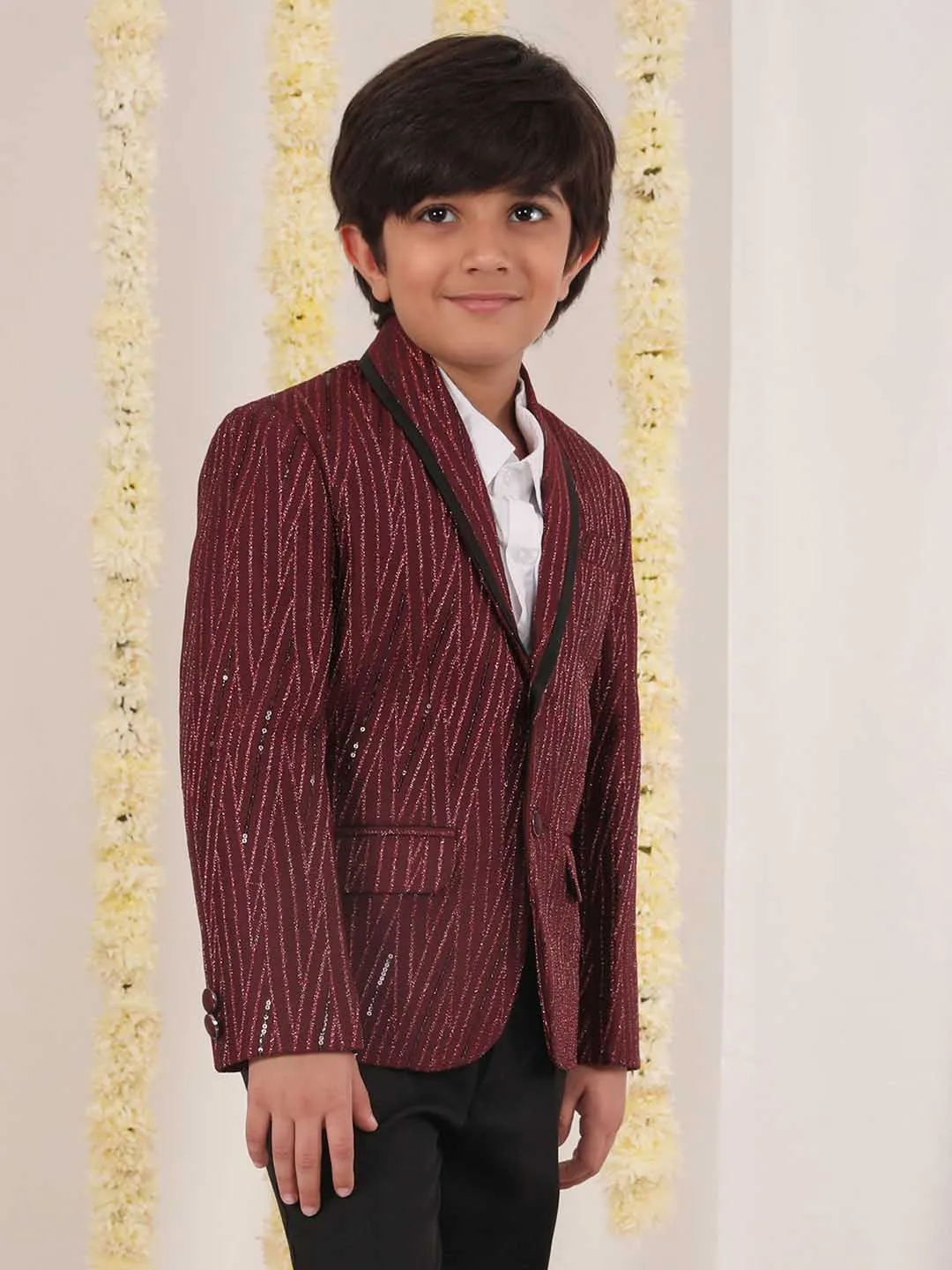 VASTRAMAY Boy's Maroon Sequined Blazer