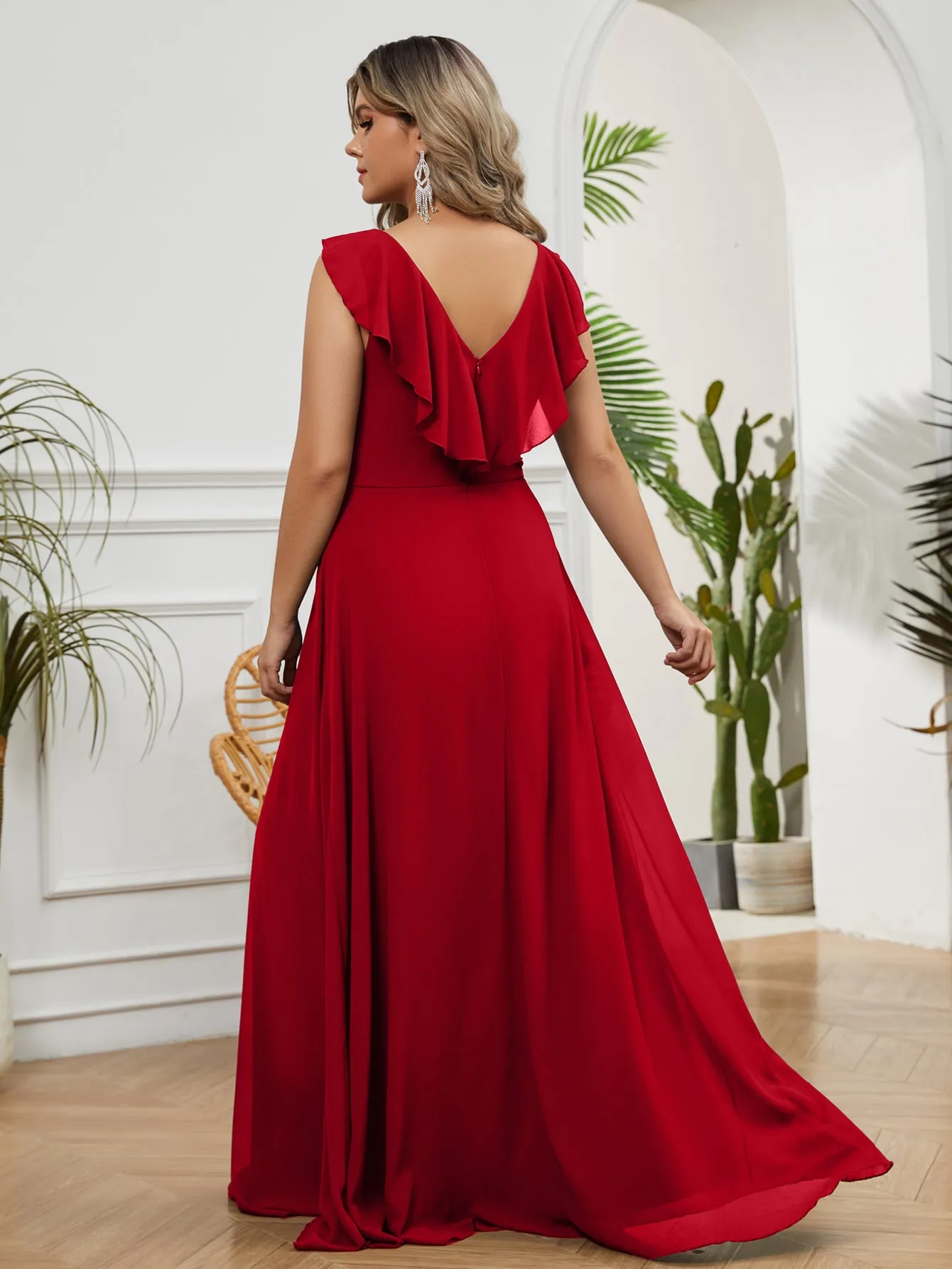 Women Plus Size Ruffle V-neck Chiffon Bridesmaid Dresses