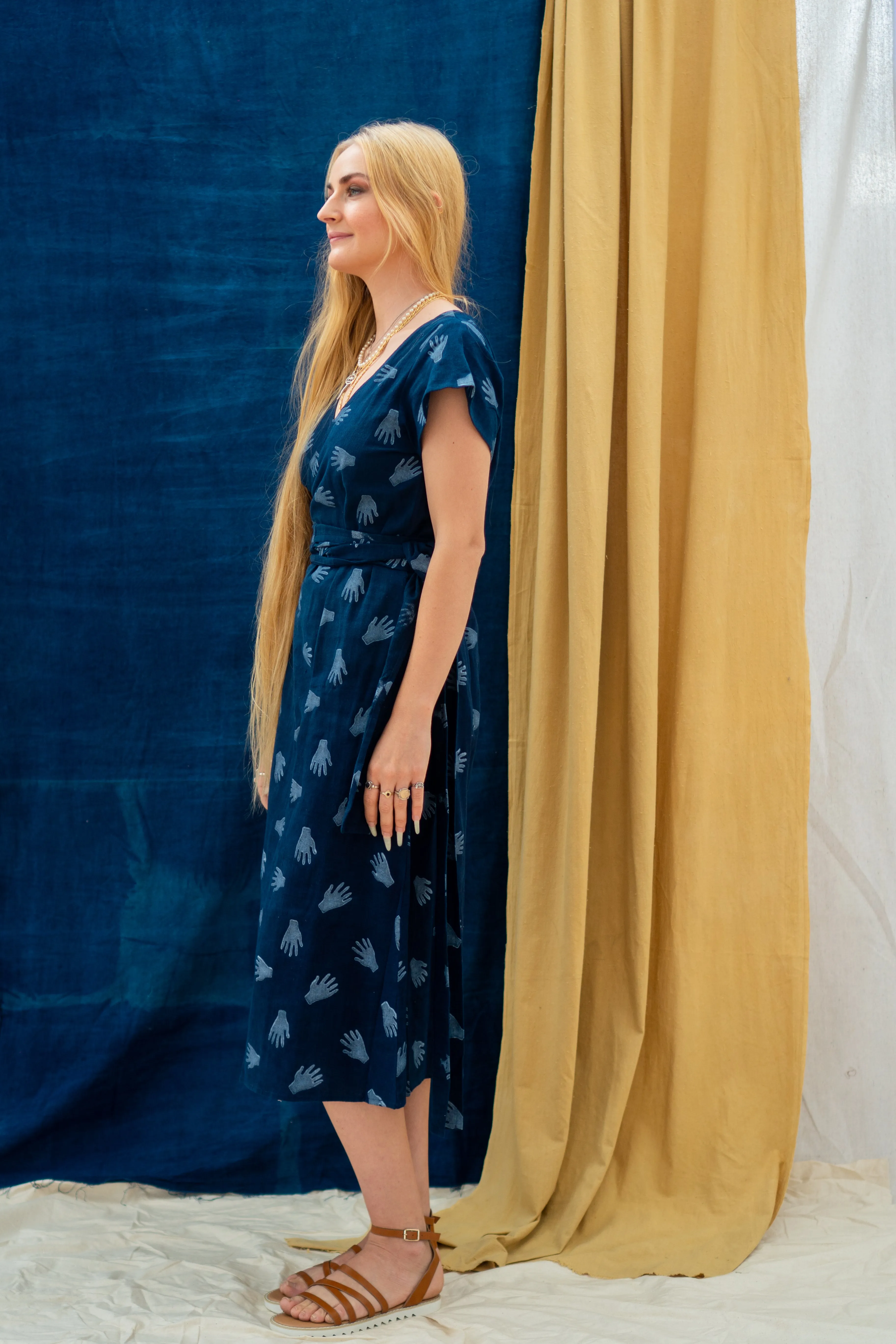 Wrap Tie Dress - Hands Print on Indigo